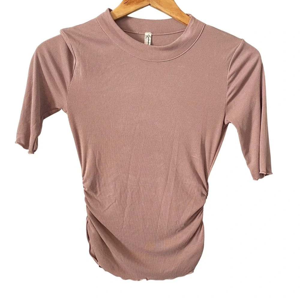 Free People Womens XS Mauve Pink Ribbed Ruched Mock Neck Elbow Sleeve Top